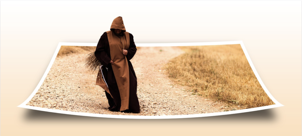 3D monk walking on 2D road photo illusion