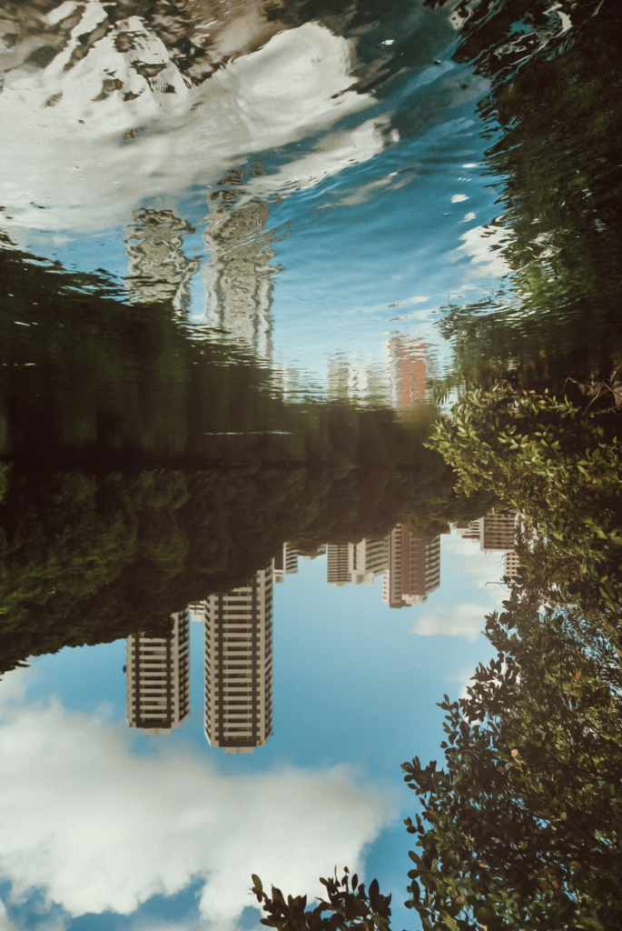 inverted mirror reflection: skyline of two towers reflected in lake