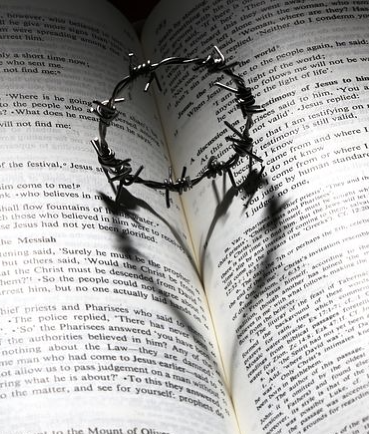 barbed wire loop over open bible